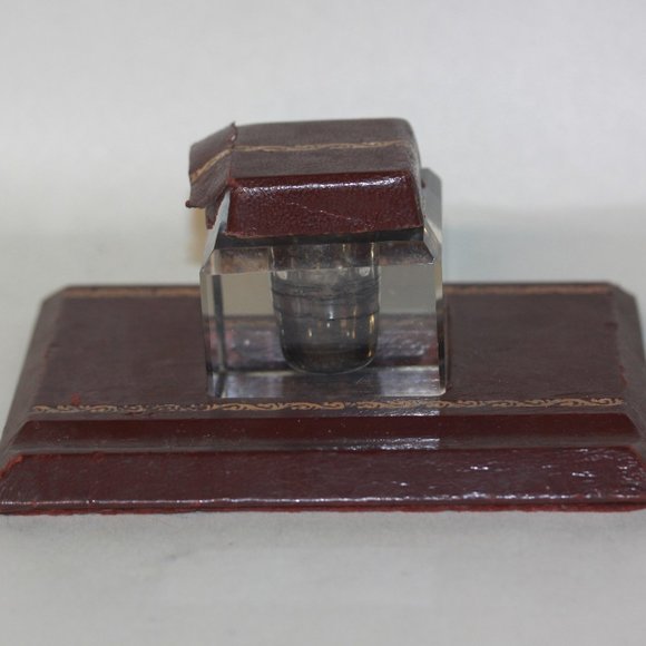 Antique Leather & Glass Inkwell & Base Pen Rest - Picture 1 of 4
